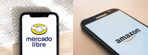 smartphone displaying Mercado Libre logo with "versus" text next to smartphone displaying Amazon logo