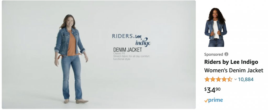 A Riders by Lee Indigo Women's Denim Jacket Sponsored Brands video ad campaign on Amazon