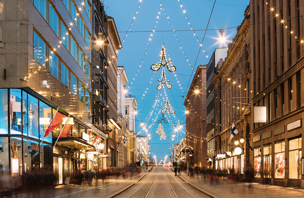 decorative string lights between buildings
