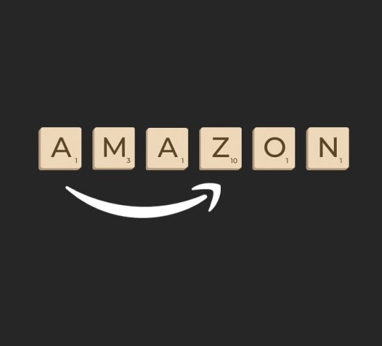 The Amazon logo with the word Amazon spelled in Scrabble tiles