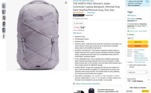 amazon product page of a purple north face backpack