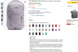 amazon product page of a purple north face backpack