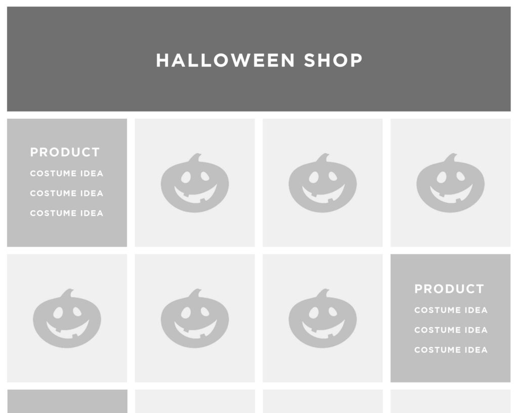 A Halloween shop chart with pumpkins and sections for costume ideas to be filled out